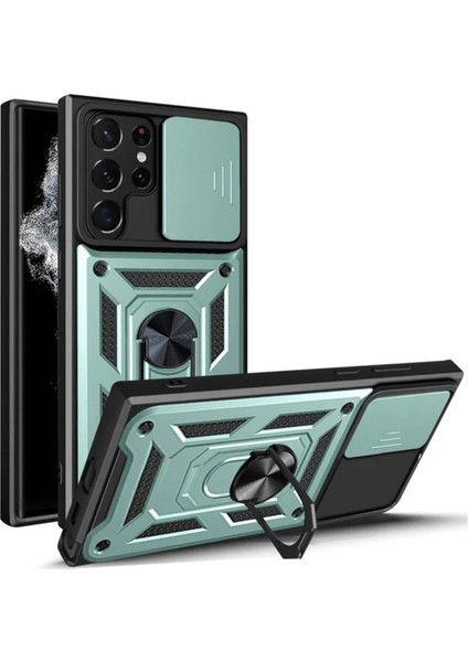 Samsung Galaxy S23 Ultra Uyumlu Tank Kılıf Yüzüklü Standlı Extra Darbe Koruma Zırhlı Outdoor Kapak - Yeşil
