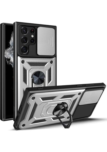 Samsung Galaxy S23 Ultra Uyumlu Tank Kılıf Yüzüklü Standlı Extra Darbe Koruma Zırhlı Outdoor Kapak - Gri