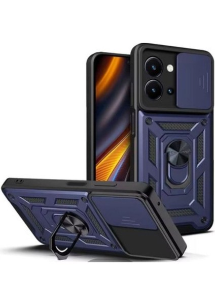 Vivo Y36 Uyumlu Tank Kılıf Yüzüklü Standlı Extra Darbe Koruma Zırhlı Outdoor Kapak - Lacivert