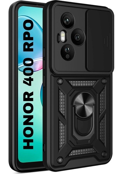 Honor 400 Pro Uyumlu Tank Kılıf Yüzüklü Standlı Extra Darbe Koruma Zırhlı Outdoor Kapak - Siyah