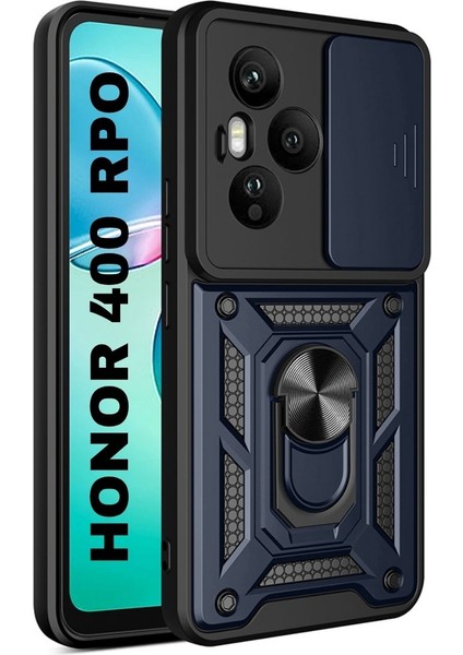 Honor 400 Pro Uyumlu Tank Kılıf Yüzüklü Standlı Extra Darbe Koruma Zırhlı Outdoor Kapak - Lacivert