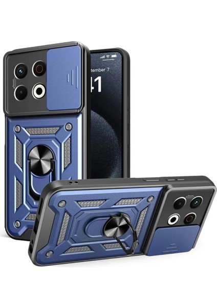 Tecno Spark 30 Pro Uyumlu Tank Kılıf Yüzüklü Standlı Extra Darbe Koruma Zırhlı Outdoor Kapak - Lacivert