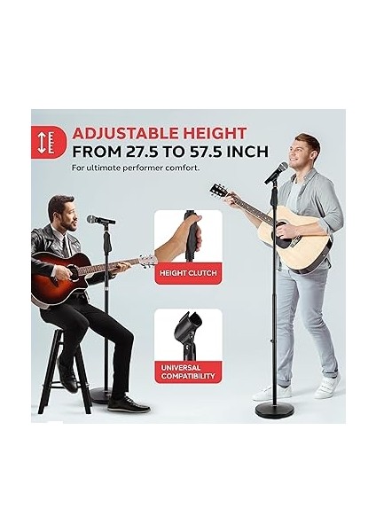 Evrensel Mikrofon Standı - M-6 Mikrofon Montaj Tutacağı ve Yüksekliği 27,5 "ila 57" Inç Arasında Ayarlanabilir Yükseklik, Kompakt Yuvarlak Taban Plakası - Hızlı Ayar Kilit Sıkı Düğme Hafif ve indirimleri