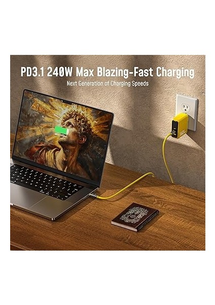 Thunderbolt 5 USB 4 2.0 Kablosu Için 80 Gb/s 3.3ft 120GBPS'YE Kadar Bant Genişliği Arttırma Çift 8k/4k Ekran 240W Pd 3.1 Hızlı Şarj Gelecek Adonis Mac Mini M4 Pro MacBook PRO16 Iphone, Sarı fırsatları