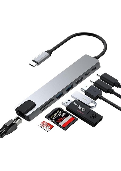 CF55 Macbook Android Uyumlu Type-C To 2 USB 3.0 4K HDMI Ethernet RJ45 Pd Çevirici Hub Adaptör, Standart