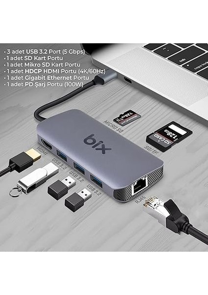 BX10HB Pro 8in1 USB C Hub 4K@60Hz Hdcp Hdmı, 1gbps RJ45, 3x USB 3.2, 100W Pd Port Macbook Uyumlu Dönüştürücü fiyatları