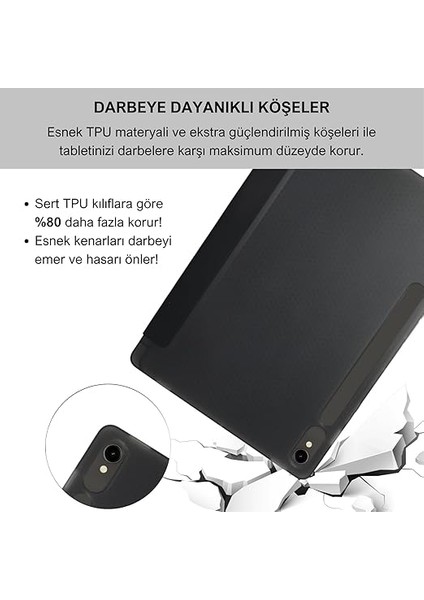 Samsung Galaxy Tab S9 Fe 10.9 Inç Uyumlu Smart Kılıf, S Pen Kalemlikli, Trifold, Esnek, Mat, Darbeye Tam Dayanıklı Tablet Kılıfı (Siyah) modelleri