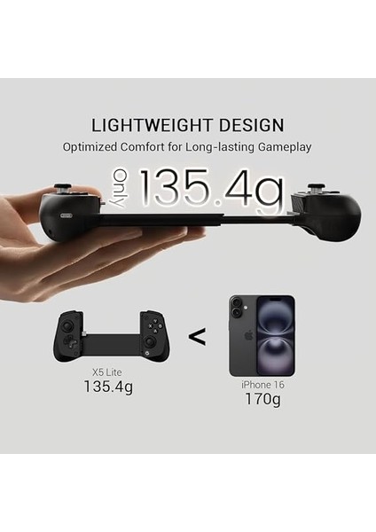 X5 Lite Type-C Mobile Gaming Controller For iPhone (Usb-C), Android &amp; Harmonyos Phones,lightweight Design, Hall Effect Sticks, Supports Radiator &amp; Pass-Through Charging (Black) modelleri