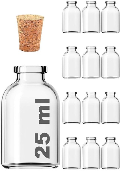 Şeffaf 25 ml / 25 cc Mantar Tıpalı Boş Cam Şişe 12 Adet