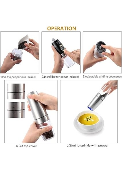 Elektrikli Karabiber Öğütücü, Yeri Elektrikli Tuz ve Karabiber Değirmeni Öğütücü, Paslanmaz Çelik Otomatik Karabiber Değirmeni, Ayarlanabilir Lık ile Pille Çalışan, Mavi LED Işık, Tek Elle fırsatları