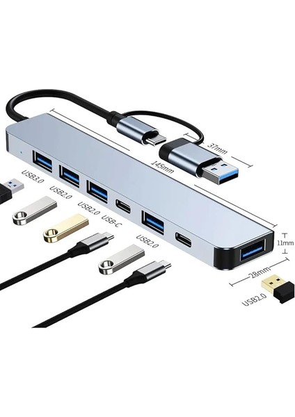 Çoklayıcı Adaptör 7in1 Usb/type-C To USB A, USB C Macbook Uyumlu Çevirici Adaptör Çok Portlu Çoklayıcı 7 In 1 USB Hub (Gri)