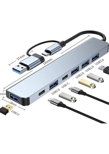 Çoklayıcı Adaptör 7in1 Usb/type-C To USB A, USB C Macbook Uyumlu Çevirici Adaptör Çok Portlu Çoklayıcı 7 In 1 USB Hub (Gri) fiyatları