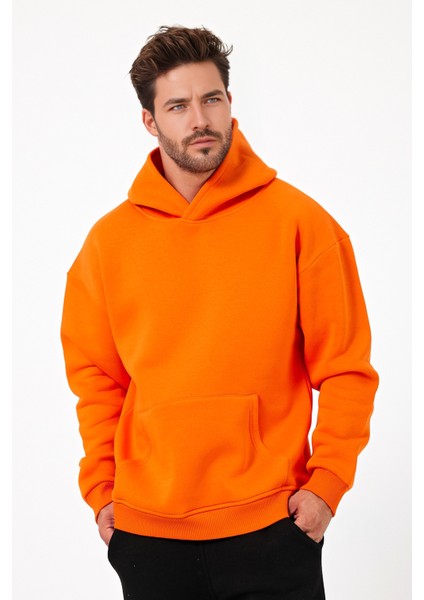 Erkek Oversize % 100 Pamuk Içi Polarlı Yumuşak Dokulu Basic Siyah Kapüşonlu Sweatshirt