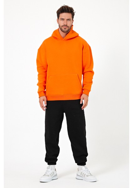 Erkek Oversize % 100 Pamuk Içi Polarlı Yumuşak Dokulu Basic Siyah Kapüşonlu Sweatshirt fırsatları