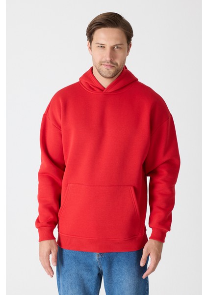 Erkek Oversize % 100 Pamuk Içi Polarlı Yumuşak Dokulu Basic Siyah Kapüşonlu Sweatshirt