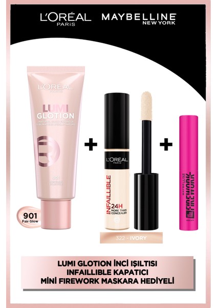 Infaillible Tüm Yüze Uygulanabilir Kapatıcı 322 Ivory + L'oréal Paris Glotion All-In-One Doğal Işıltı 901 & Mny Lash Sensa Firework Mini Maskara Hediyeli