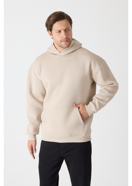 Erkek Oversize % 100 Pamuk Içi Polarlı Yumuşak Dokulu Basic Siyah Kapüşonlu Sweatshirt