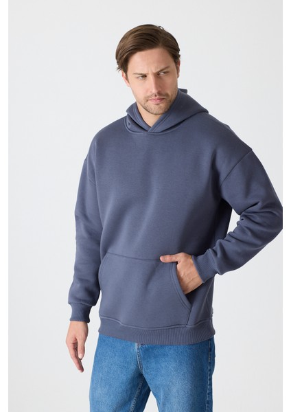 Erkek Oversize % 100 Pamuk Içi Polarlı Yumuşak Dokulu Basic Siyah Kapüşonlu Sweatshirt