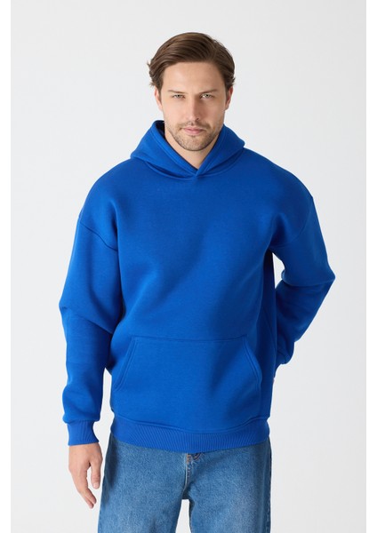 Erkek Oversize % 100 Pamuk Içi Polarlı Yumuşak Dokulu Basic Siyah Kapüşonlu Sweatshirt