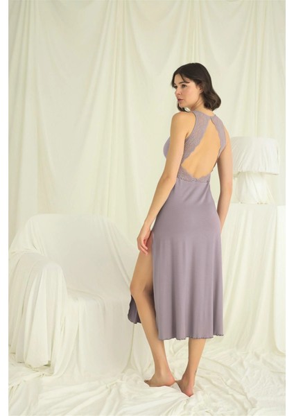 Monamise Göğüs ve Sırt Dekolteli Brode Dantelli Yırtmaçlı Gecelik modelleri