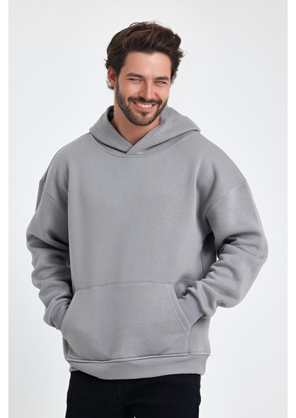 Erkek Oversize % 100 Pamuk Içi Polarlı Yumuşak Dokulu Basic Siyah Kapüşonlu Sweatshirt