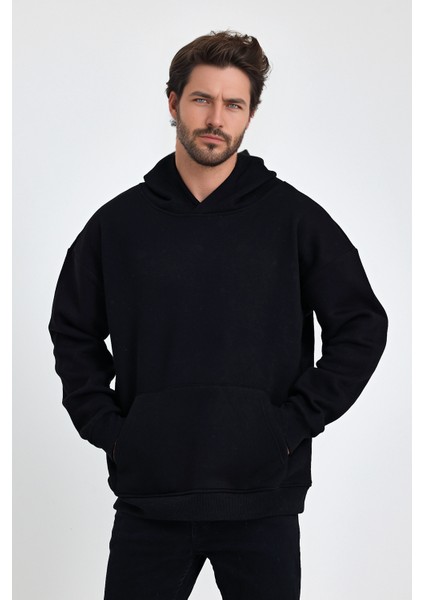 Erkek Oversize % 100 Pamuk Içi Polarlı Yumuşak Dokulu Basic Siyah Kapüşonlu Sweatshirt