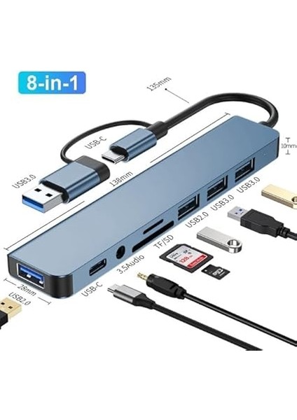 In 1 Usb/type-C To USB A, USB C-Sd ve Micro Sd Macbook Ile Uyumlu Çevirici Adaptör Çok Portlu Çoklayıcı 8in1 USB Hub fiyatları