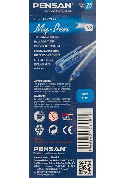 PE02210TKMA My-Pen Tükenmez Kalem Mavi 25.li 1mm,1 Kutu indirimleri
