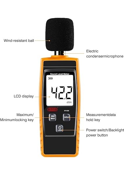 Desibel Ölçüm Cihazı, Taşınabilir Db Ölçüm Cihazı (Ses Seviyesi Ölçüm Cihazı), Dijital Gürültü Ölçer, Aralık 30 – 130 Db(A) Db Ölçüm Cihazı, Gürültü Seviyesi Ses Monitörü Test Cihazı Sarı modelleri