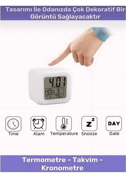 Renk Değiştiren Küp Şeklinde Dijital Masa Saati: Alarm, Termometre ve Tarih Özellikli modelleri