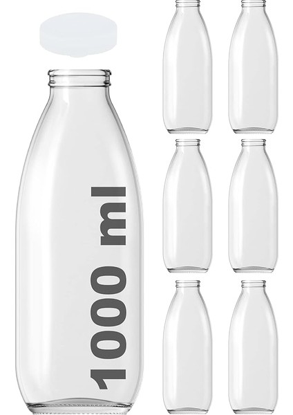 Süt Ayran Şişesi Şeffaf 1000 ml Plastik Kapaklı Boş Cam Şişe 6 Adet