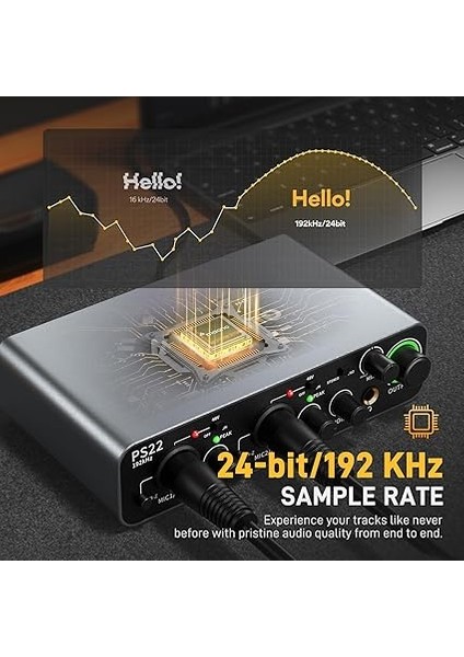 60 Db Pro-Preamp, 24BIT/192KHZ, Pc ve Akıllı Telefon Için Çift USB Arayüzü, Ev Kaydı Için Yönlendirme Yazılımı, Müzik Prodüksiyonu, Gitar, Podcast, Akış (PS22) ile Pc Için USB Ses Arabirimi modelleri