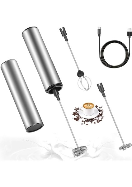 Süt Köpürtücü, USB ile Şarj Edilebilir, 2 Hız Kademesi, Paslanmaz Çelik El Süt Köpürtücü, 3 Başlıklı, Taşınabilir, Kablosuz, Cappuccino, Latte, Kahve, Soslar Için