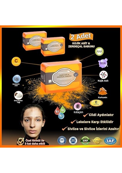 Kojik Asit &amp; Zerdeçal Sabunu 2 Adet x 140 gr Leke ve Sivilce Karşıtı Kojic Acid - Kolajen - Aha Bha - C Vitamini - Hyaluronic Acid - Shea Butter Yağı Içerikli Aydınlatıcı Sabun fiyatları