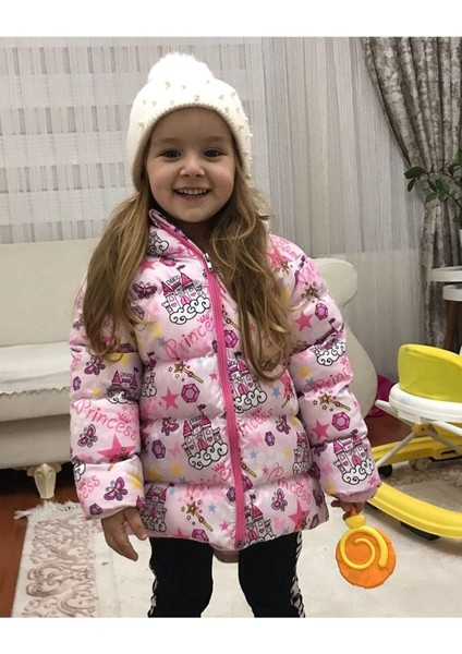 Kız Erkek Çocuk Iç Polarlı Kapüşonlu Unicorn Desenli Kışlık Şişme Mont