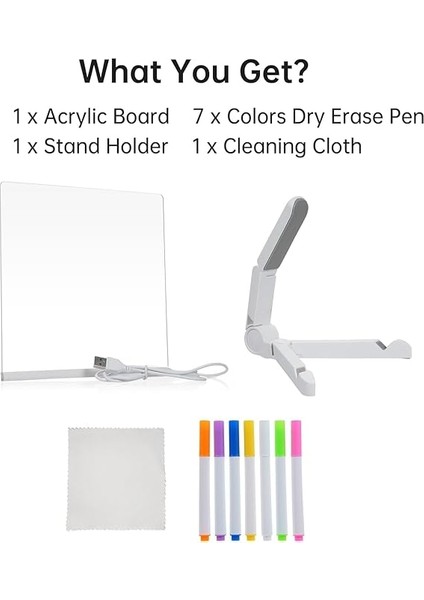 LED Işıklı Akrilik Yazı Tahtası - 20X20 cm Şeffaf Not Panosu, USB Bağlantılı, 7 Renkli Kalem ve Stand Dahil, Masaüstü Aydınlatmalı Anı Tahtası indirimleri