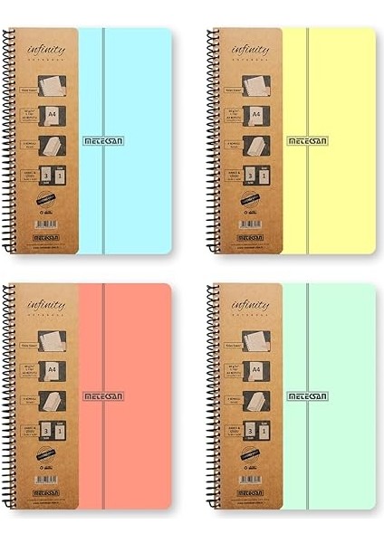 Infinity Pastel Serisi, A4, 4 Konulu (3 Kareli, 1 Çizgili) 120 Yaprak Pp Kapaklı Spiralli Defter, Pembe fırsatları