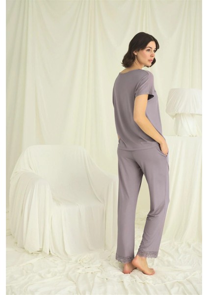 Monamise Kısa Kollu V Yakalı Dantelli Pijama Takımı modelleri