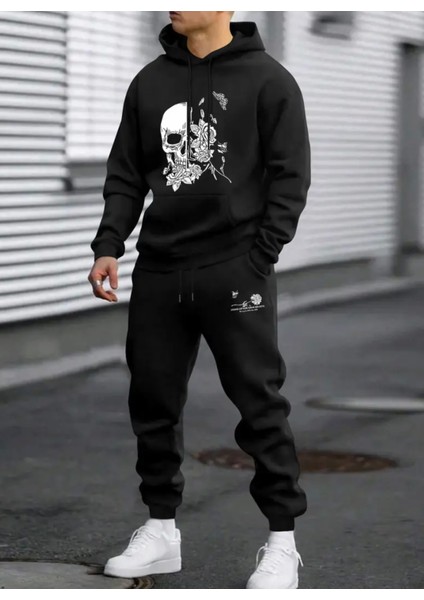 Punıx Büyük Beden Özel Tasarım Kuru Kafa Çiçekler Baskılı Kışlık Kalın Erkek Eşofman Takımı