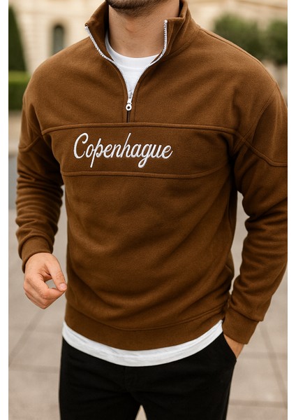 Erkek Yarım Fermuar Parça Detay Nakışlı Polar Sweatshirt