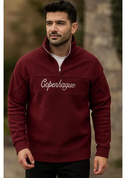 Erkek Yarım Fermuar Parça Detay Nakışlı Polar Sweatshirt