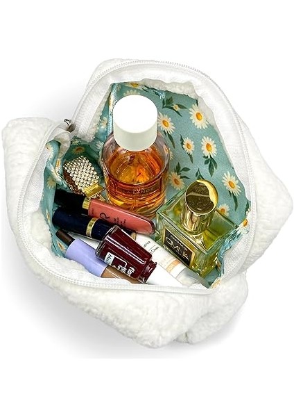 Beyaz Yumuşak Koyun Tüyü Peluş Makyaj Çantası Küçük Kozmetik Çantası (Beyaz) fiyatları