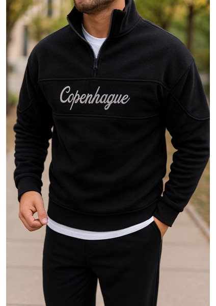 Erkek Yarım Fermuar Parça Detay Nakışlı Polar Sweatshirt