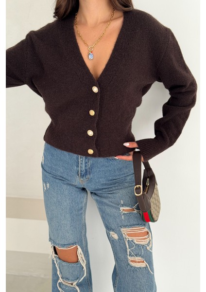 Kadın Düğmeli V Yaka Triko Hırka – Klasik & Şehirli Stil