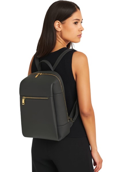 Sırt Çantası Kadın Deri Gold Detay Geniş Hacimli Altın Fermuarlı