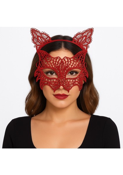 Sepetim Kırmızı Dantel Kedi Maskesi ve Dantel Taç Seti 8 No – Kadın Kostüm Aksesuarı