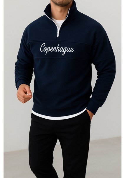 Erkek Yarım Fermuar Parça Detay Nakışlı Polar Sweatshirt