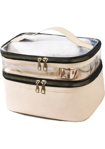 Bej Deri Kadın Makyaj Çantası Şeffaf Pratik Şık Çift Bölmeli Fermuarlı Kozmetik Makyaj Organizeri