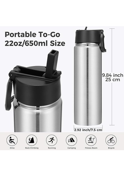 650 ml Içecek Şişesi, Paslanmaz Çelik, Pipetli, Çift Duvarlı, Vakum Izolasyonlu, Çocuk, Metal, Sızdırmaz, Bpa Içermez, Spor, Okul, Dış Mekan Için Termos (Gümüş, 22 Oz) modelleri