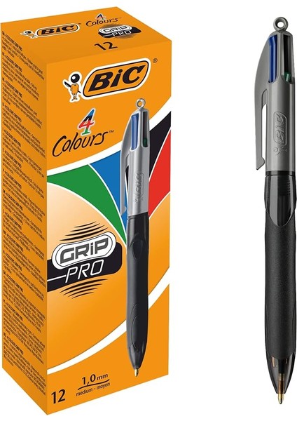 4 Colours Grip Pro Tükenmez Kalem 12'li Kutu, Kauçuk Tutacak, 1.0mm Uç, Tek Kalemde Mavi, Kırmızı, Yeşil ve Siyah Renkler